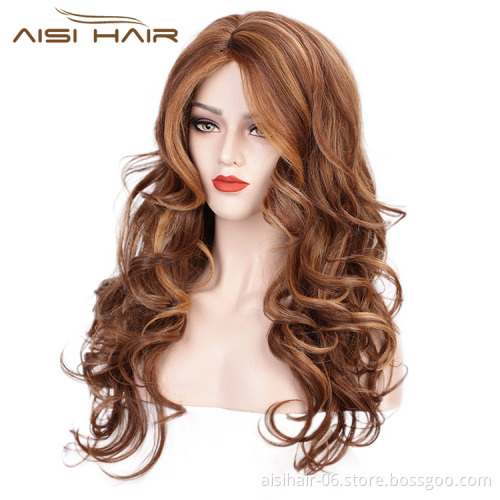 Aisi Hair Dark Brown Mixed White Color Synthetic Long Curly Wave Wigs Heat Resistant Fiber Fashion Cosplay Wigs for Women